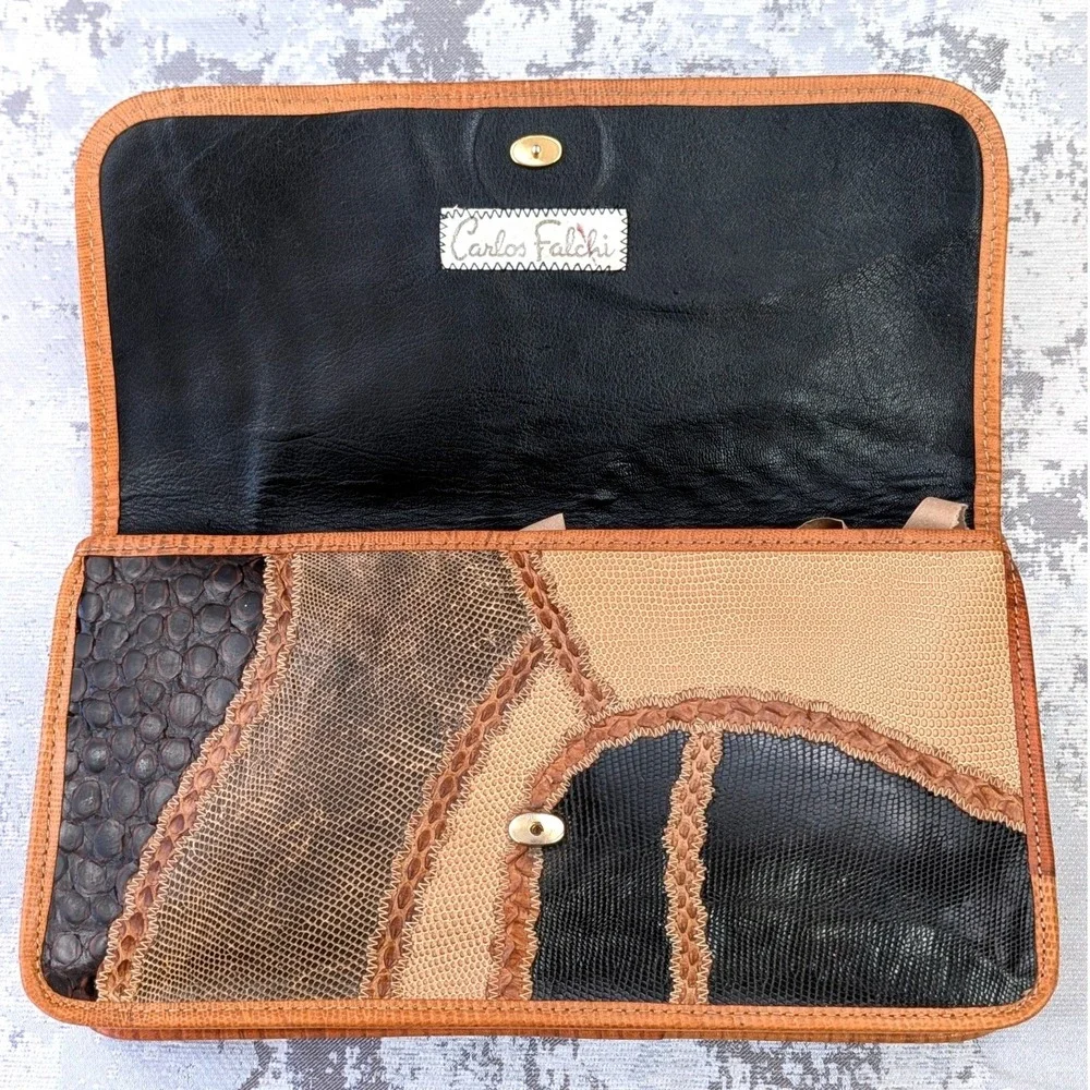 Carlos‎ Falchi Patchwork Leather Clutch Handbag Brown Black Tan Exotic Skin